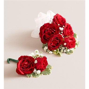 Red Spray Corsage & Bout -White Bow